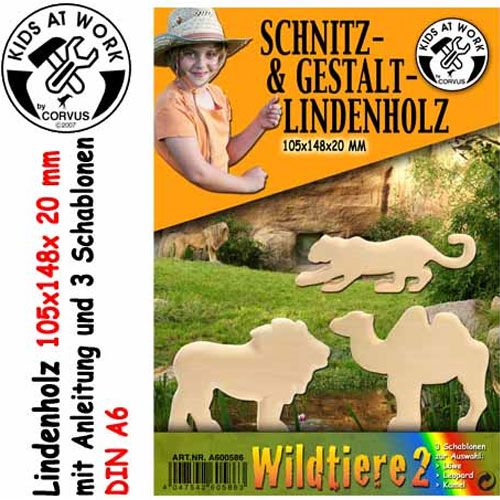 De voorkant van de Kids at Work verpakking voor houten kinderspeelgoed met safari wilde dieren sjablonen en specificaties aan de zijkant.