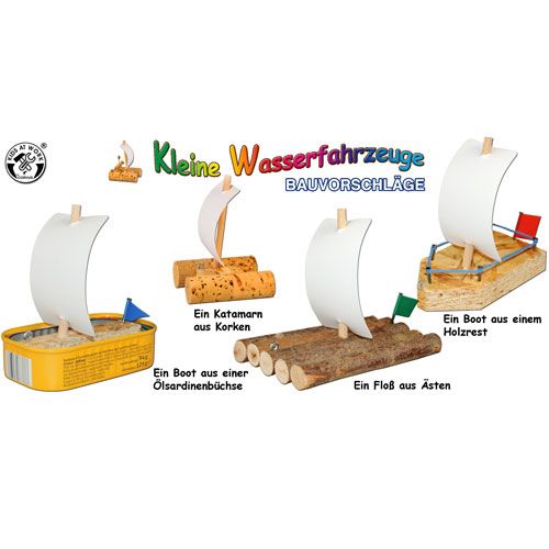 Kids at Work infographic met bouwvoorstellen voor kleine waterfahrzeuge, waaronder een bootje van kurken.