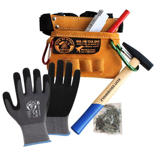 Kids at Work mini gereedschapsgordel met hamer, meetlint, potlood, handschoenen en spijkers.