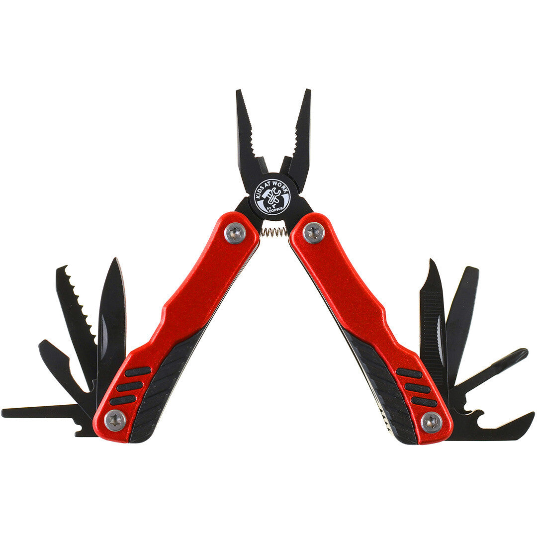 Kids at Work rode multitool zakmes uitgeklapt met alle functies zichtbaar.