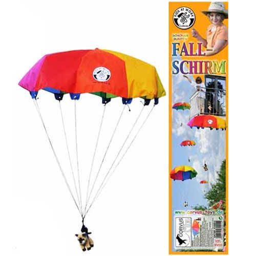 Verpakking van de Kids at Work regenboog speelgoedparachutes met een kind en illustraties van parachutes.