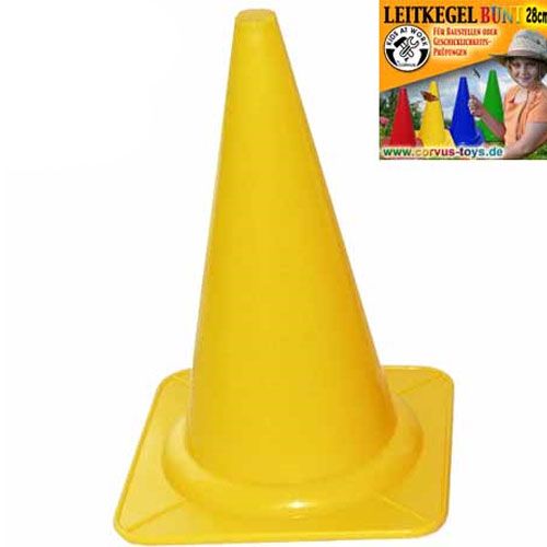 Kids at work gele plastic pion met informatief label over het sportspeelgoed.