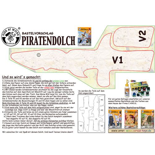 Kids at Work infographic met bouwinstructies en sjablonen voor een houten piratendolk.