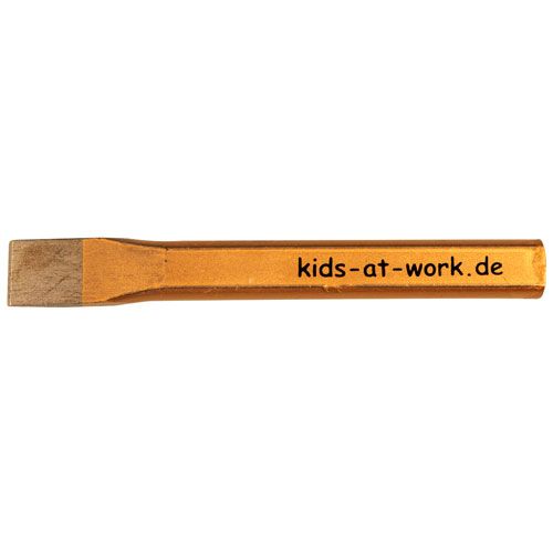 Kids at work platte beitel in bruin met tekst, recht van voren gefotografeerd.