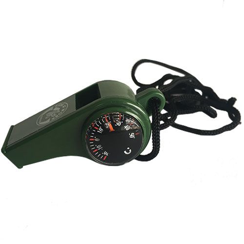 Groene kids at work scheidsrechterfluit met ingebouwde thermometer en zwart koord.
