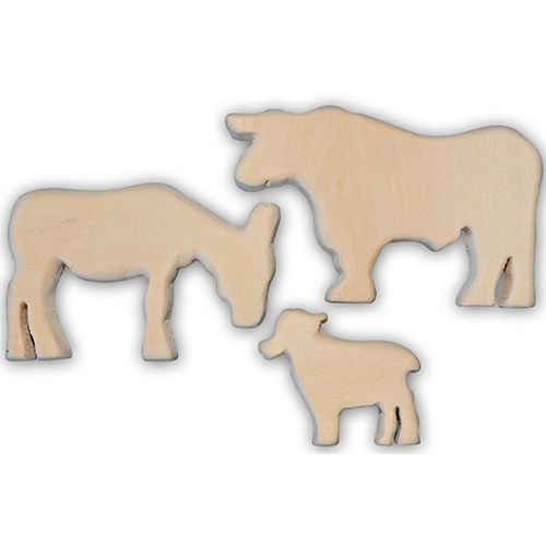 Kids at work houten snijfiguren van een ezel, stier en schaap.