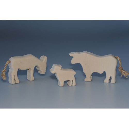 Kids at work houten staldieren van een ezel, schaap en stier met touwstaartjes.
