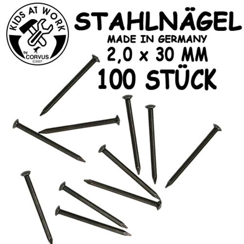 Productafbeelding van Kids at Work stalen spijkers met de tekst 'Stahlnägel', afmetingen en het merklogo.