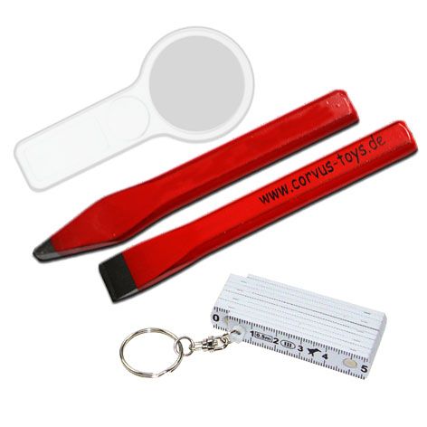 kids at work speelgoedgereedschap set met rode steenbeitels, een vergrootglas en een meetlint sleutelhanger.