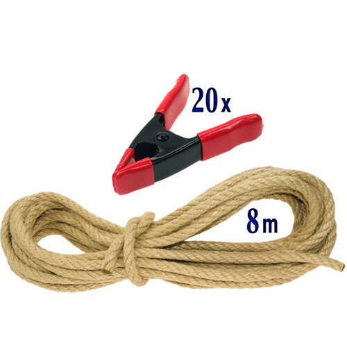 Kids at Work tentklemmen en touw set met 20 rode klemmen en 8 meter beige touw.