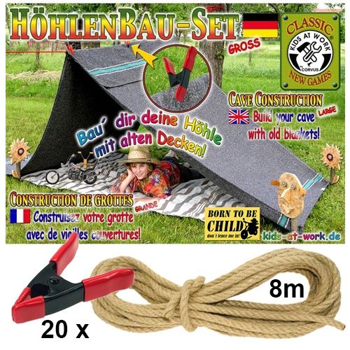 Verpakking van de Kids at Work Höhlenbau-Set met een kind in een dekenhut en de bijbehorende tentklemmen en het touw.