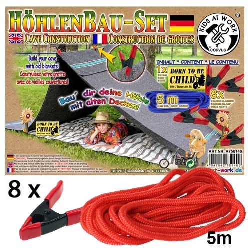 Verpakking van de Kids at Work Höhlenbau-Set met een kind in een dekenhut en de inhoud.