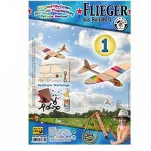 Verpakking van het Kids at work houten zweefvliegtuigje met een kind dat het lanceert.