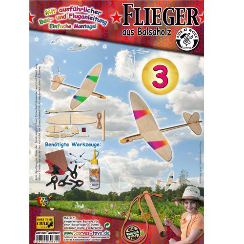 De verpakking van het Kids at Work houten zweefvliegtuigje bouwpakket met afbeeldingen van het vliegtuig en een kind.
