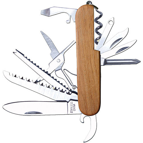 Kids at Work multifunctioneel zakmes met naturel houten handvat en uitgevouwen gereedschappen.