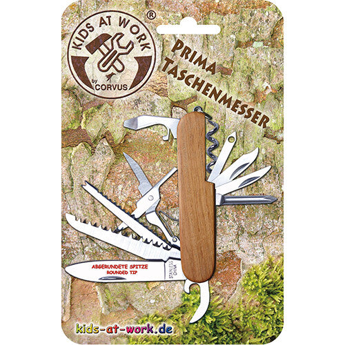 Verpakking van het Kids at Work multifunctionele zakmes met naturel houten handvat.