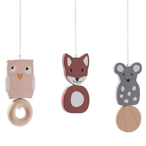 Kids concept houten hangspeelgoed voor babygym met een uil, vos en muis.