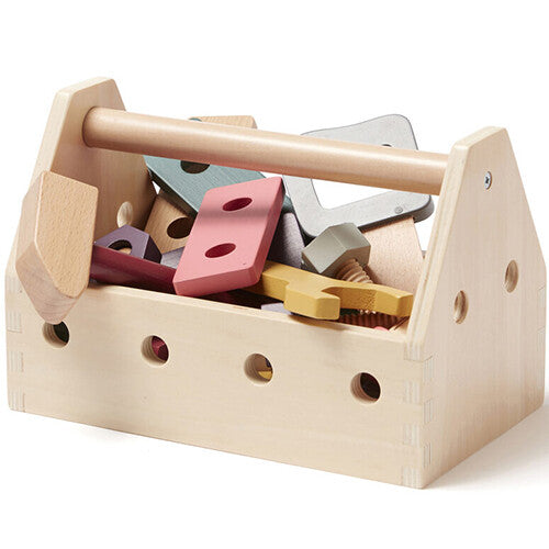 Kids concept houten gereedschapskist gevuld met diverse kleurrijke houten gereedschappen en onderdelen.