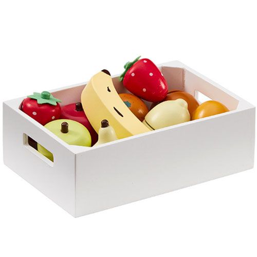 Kids Concept houten speelgoed fruit in een wit kistje, met onder andere bananen, aardbeien en appels.