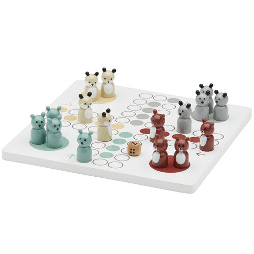 Kids Concept houten bordspel met dierenpionnen en dobbelsteen op een wit speelbord.