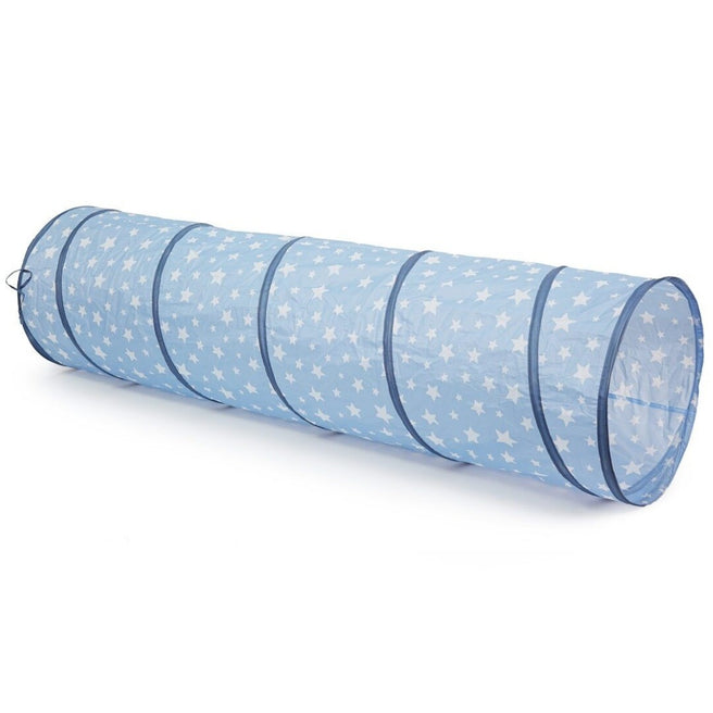 Kids concept speeltunnel voor kleuters, blauw met witte sterren, volledig uitgerold.