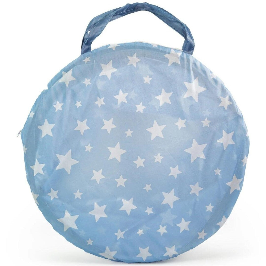Kids concept speeltunnel voor kleuters, blauw met witte sterren, opgevouwen met handvat.