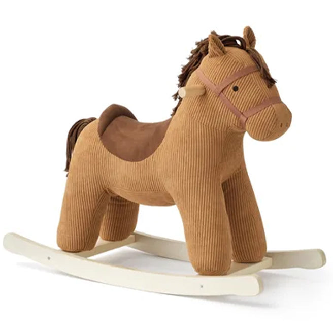 Kids Concept bruin corduroy hobbelpaard op een witte schommelbasis.