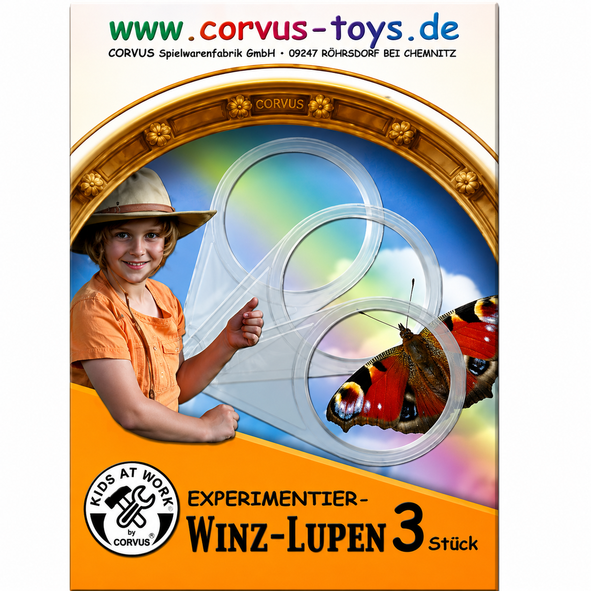 Verpakking van de Kids at Work set met drie mini vergrootglazen, met een kind en een vlinder.