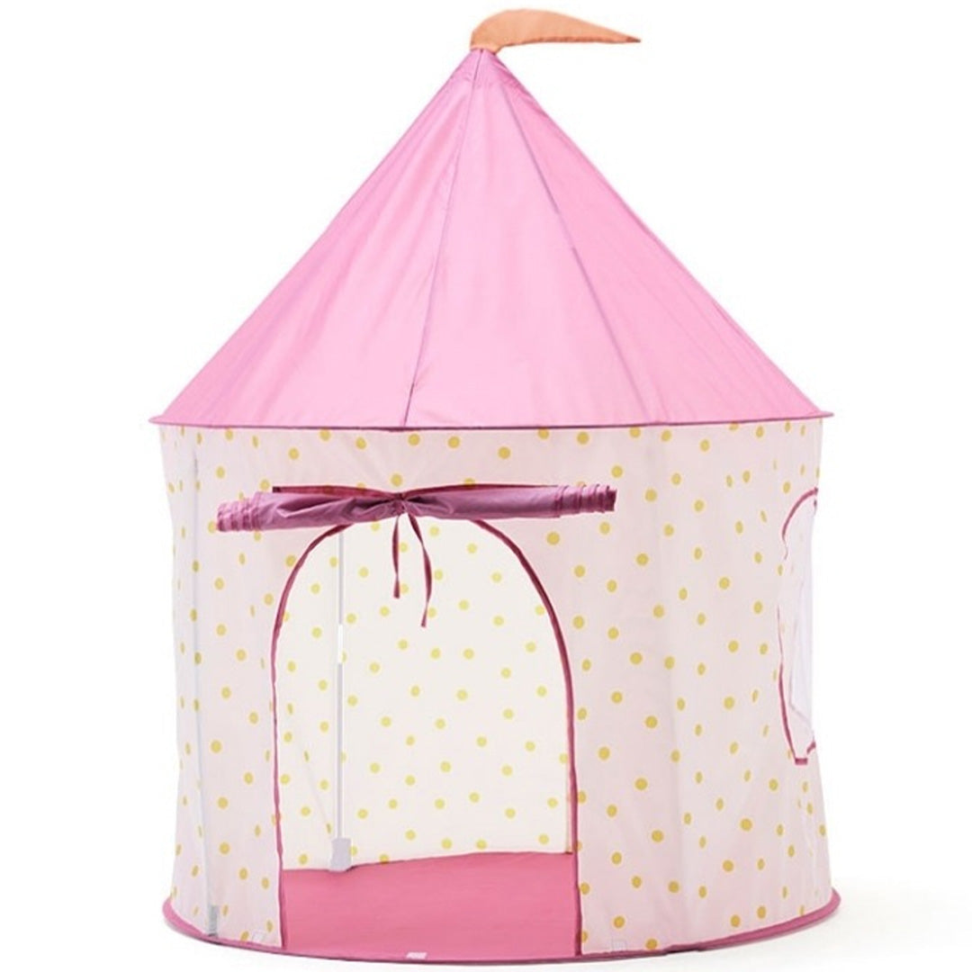 Kids Concept roze speeltent in de vorm van een kasteel met gele stippen.
