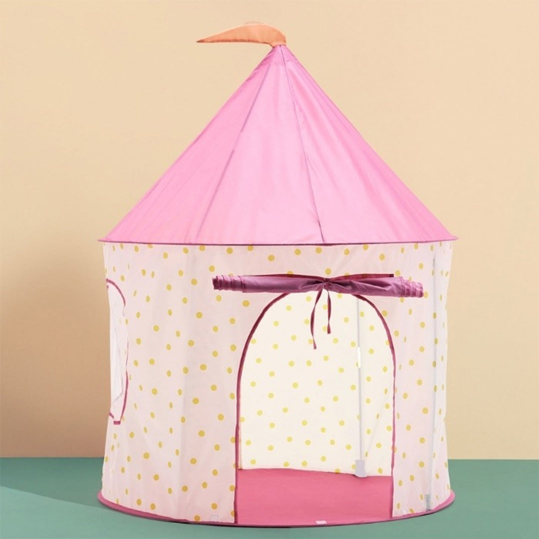 Kids Concept roze speeltent met gele stippen en een puntig dak met vlaggetje.