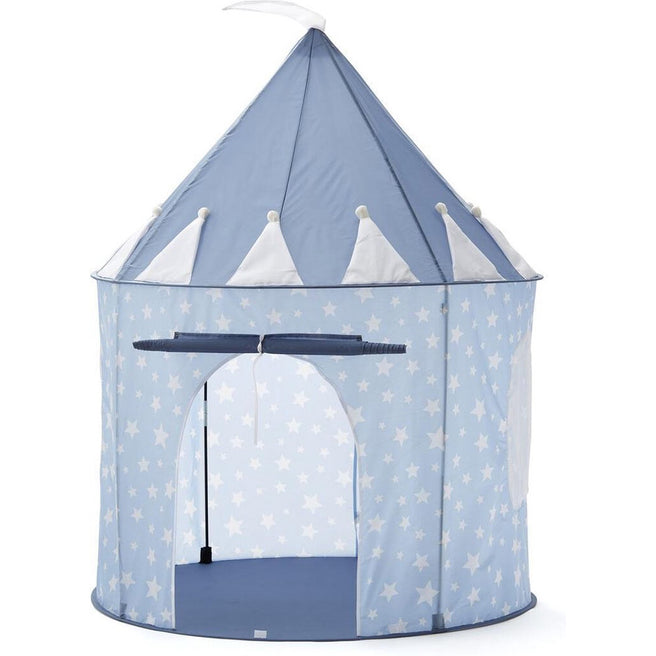Kids Concept speeltent in de vorm van een kasteel met blauwe stof en witte sterren.