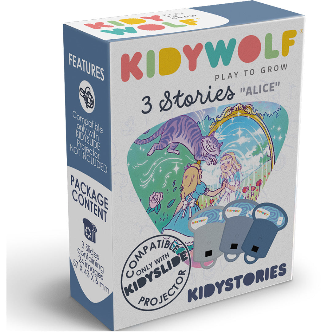 Kidywolf verpakking voor KidyStories projector discs met Alice in Wonderland thema.