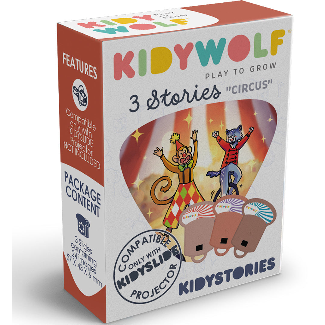 Kidywolf verpakking van de KidyStories discs met circus thema, met een clown en tijger.