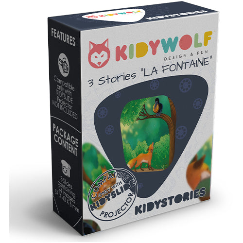 Kidywolf verpakking van de projector discs met 3 La Fontaine fabels, met een vos en vogel op de voorkant.