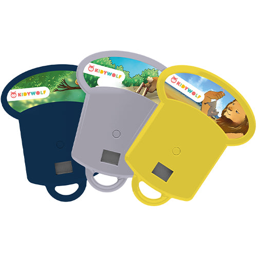 Drie Kidywolf projector discs in donkerblauw, grijs en geel, met afbeeldingen van fabels.