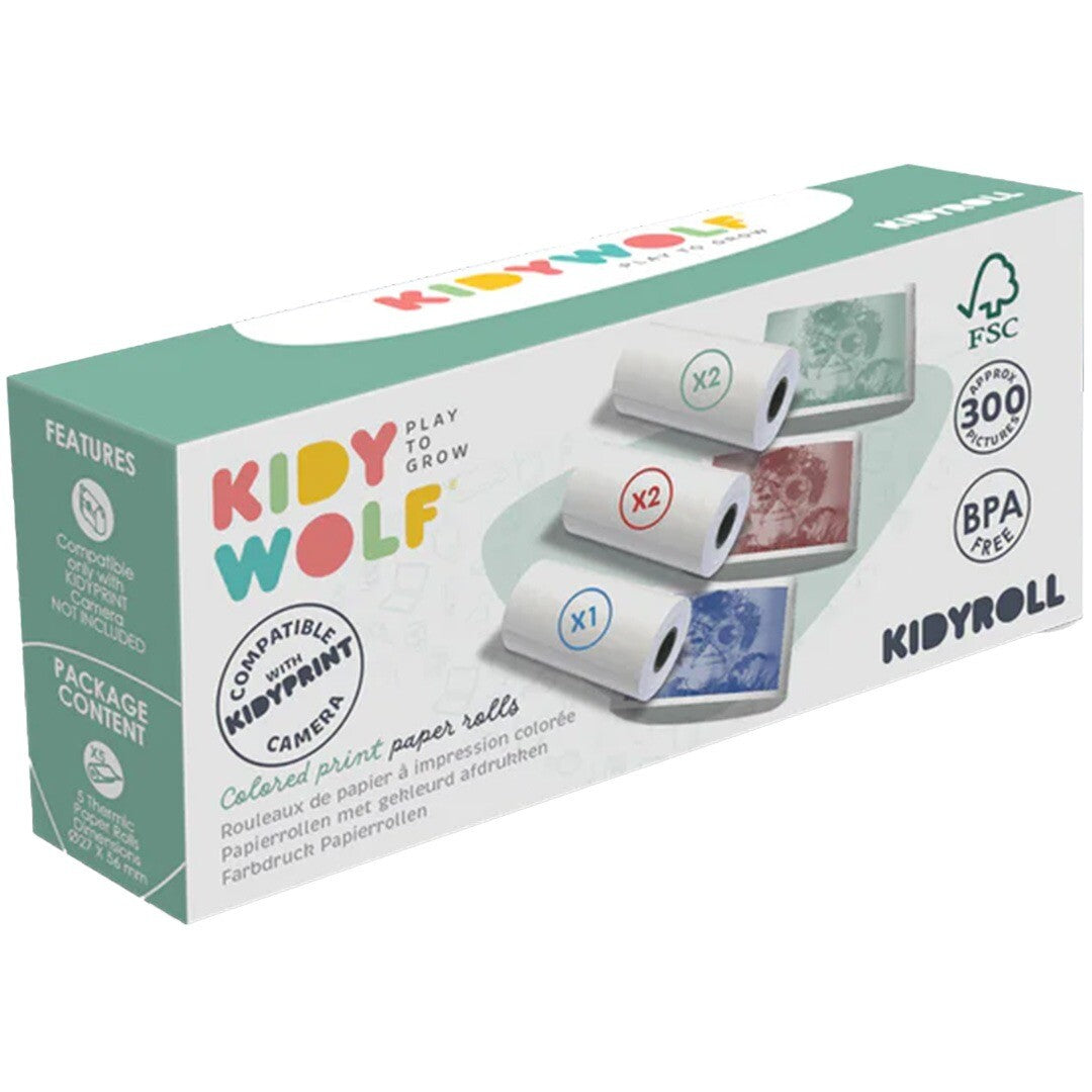 Kidywolf verpakking van gekleurd fotopapier voor de Kidyprint kindercamera, met drie afgebeelde rollen.