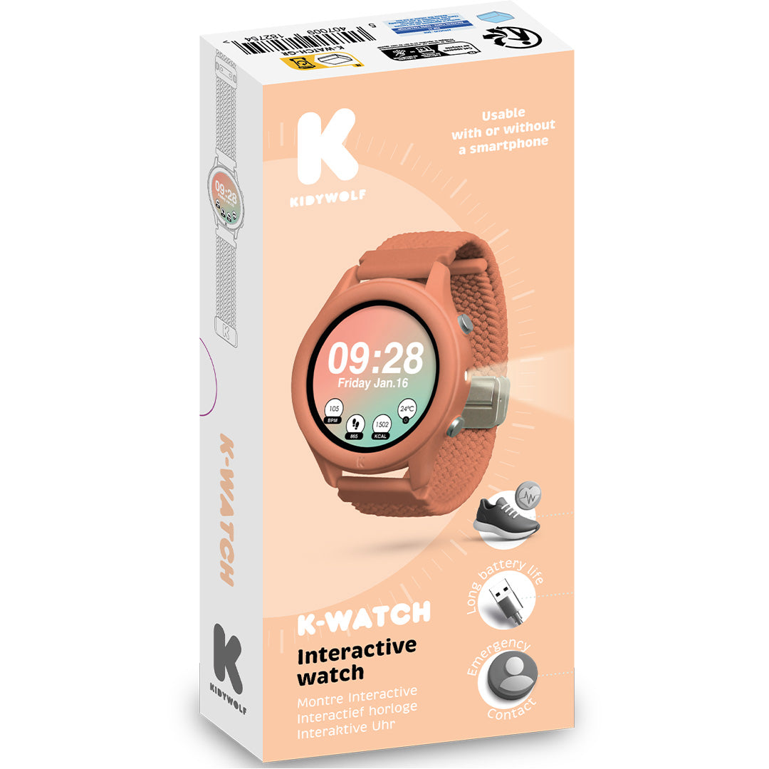 De verpakking van het Kidywolf K-Watch interactief horloge in koraal kleur met een afbeelding van het horloge.