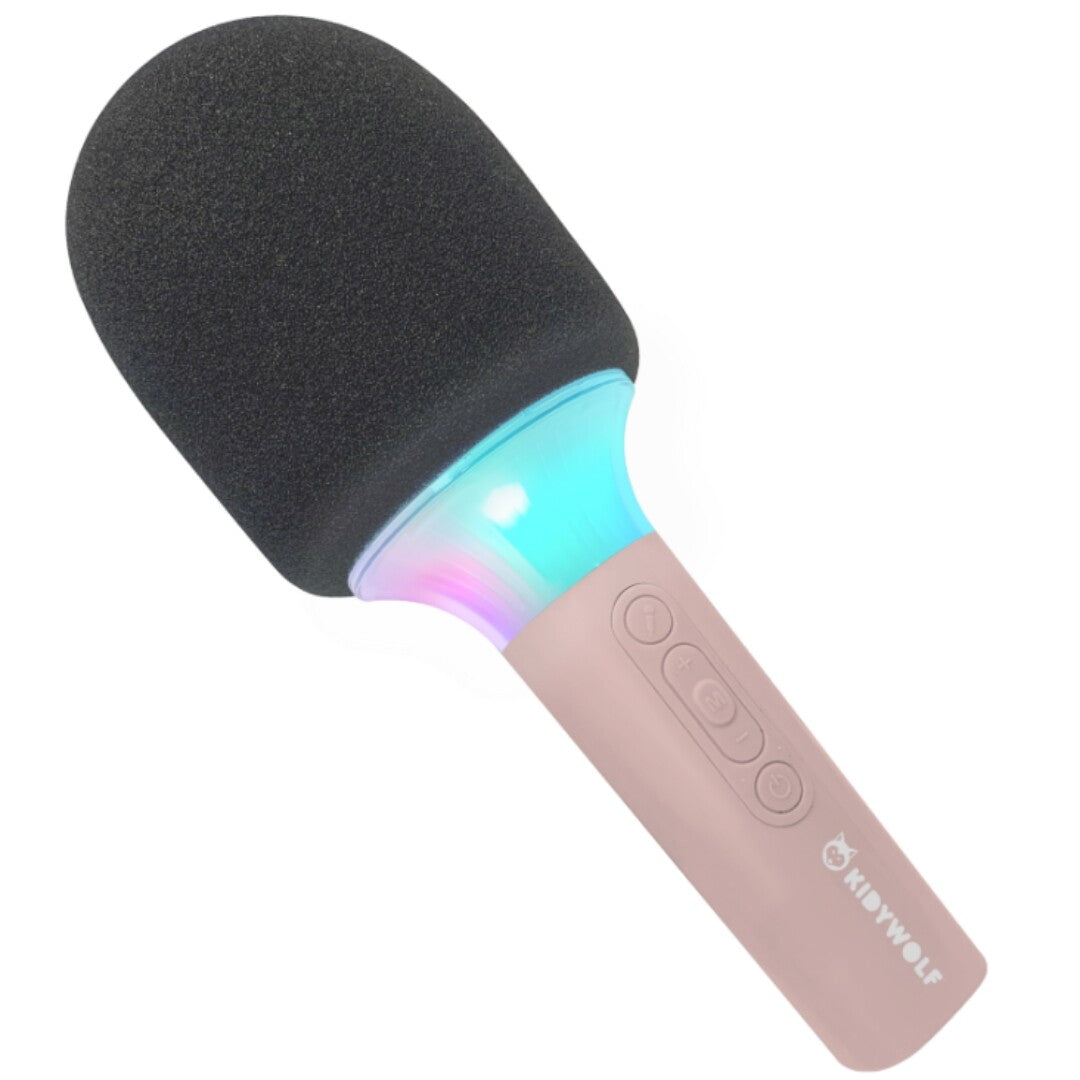 Kidywolf roze karaoke microfoon met zwarte schuimkap en veelkleurige verlichting.