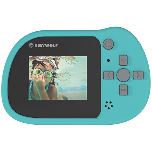 De achterkant van de cyaan Kidywolf kindercamera kidycam met een kind onder water op het scherm.