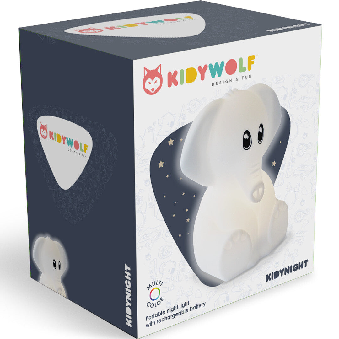 Kidywolf verpakking van een wit olifant nachtlampje.