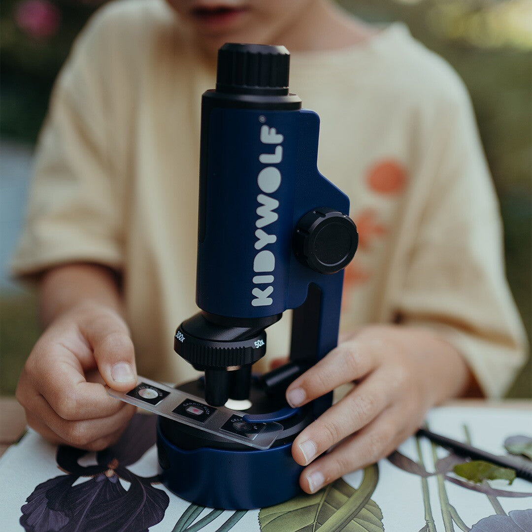 Kinderhanden houden een strip met preparaten bij de Kidywolf kindermicroscoop.