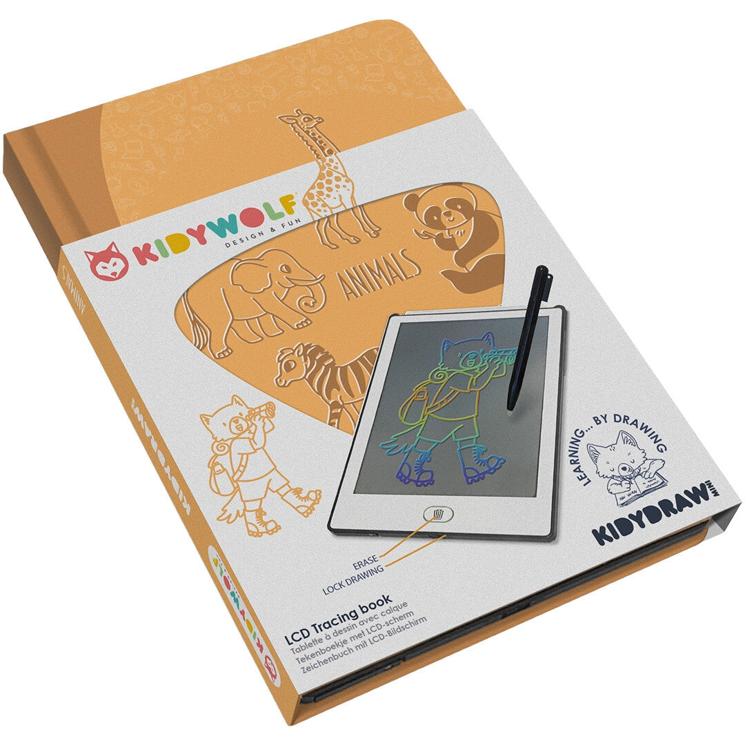 Verpakking van het Kidywolf KidyDraw Mini tekenbord met dierenpatroon.