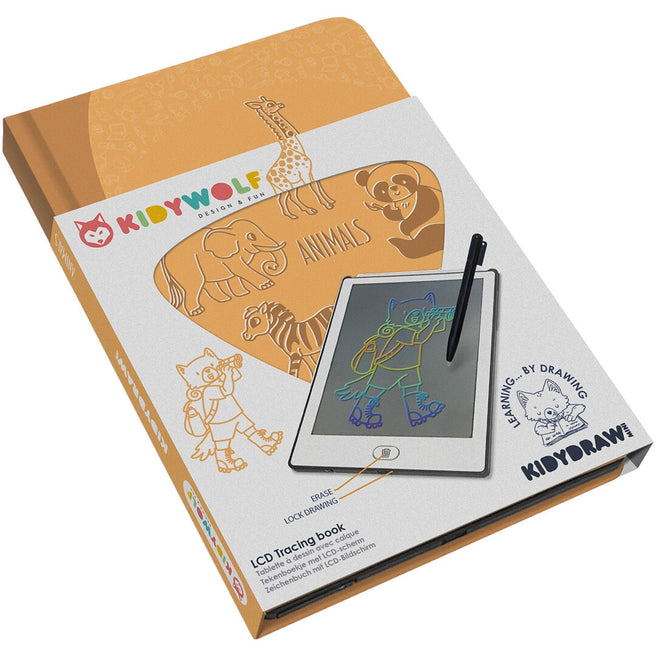 Verpakking van het Kidywolf KidyDraw Mini tekenbord met dierenpatroon.