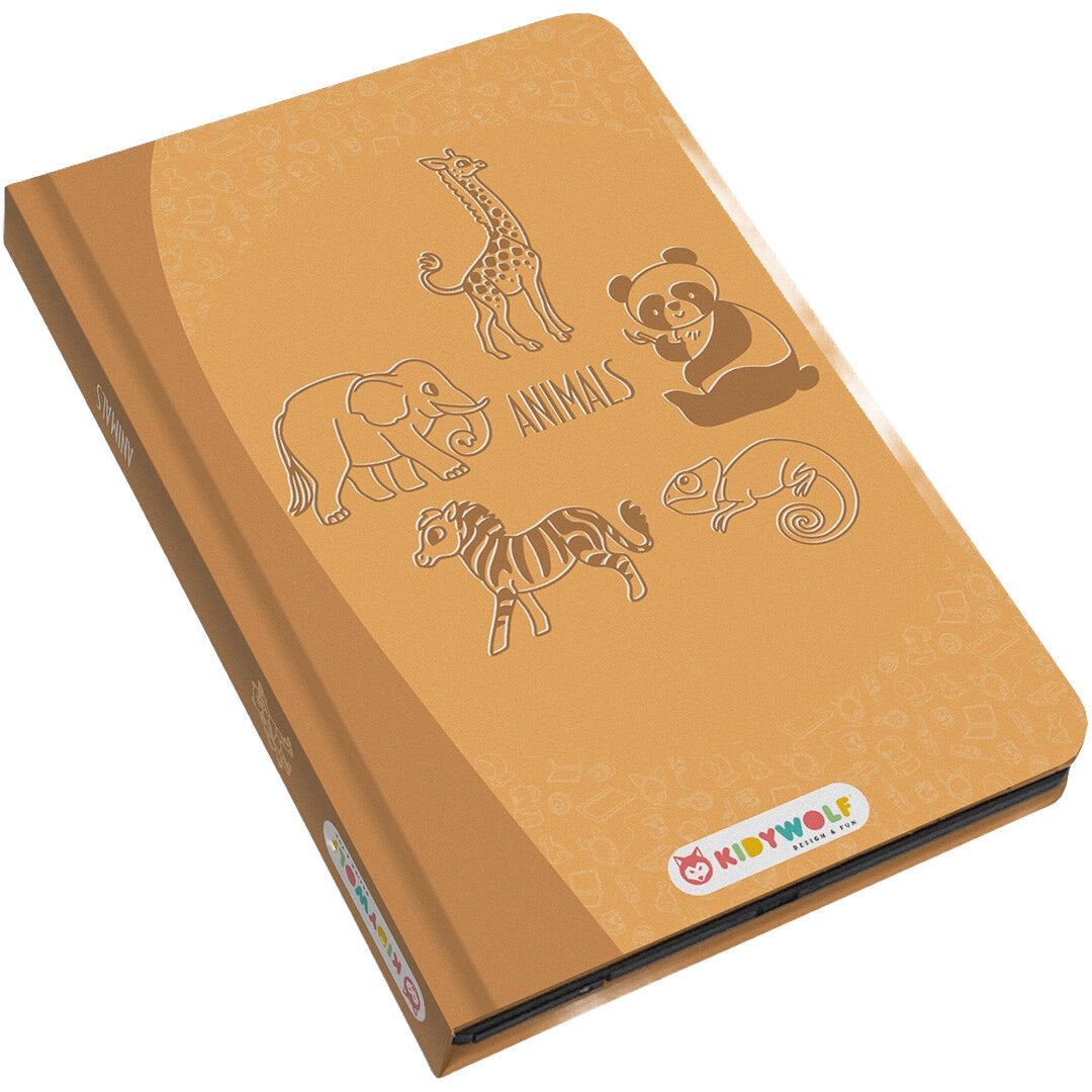 Packshot van het Kidywolf KidyDraw Mini tekenbord met oranje kaft en dierenillustraties.