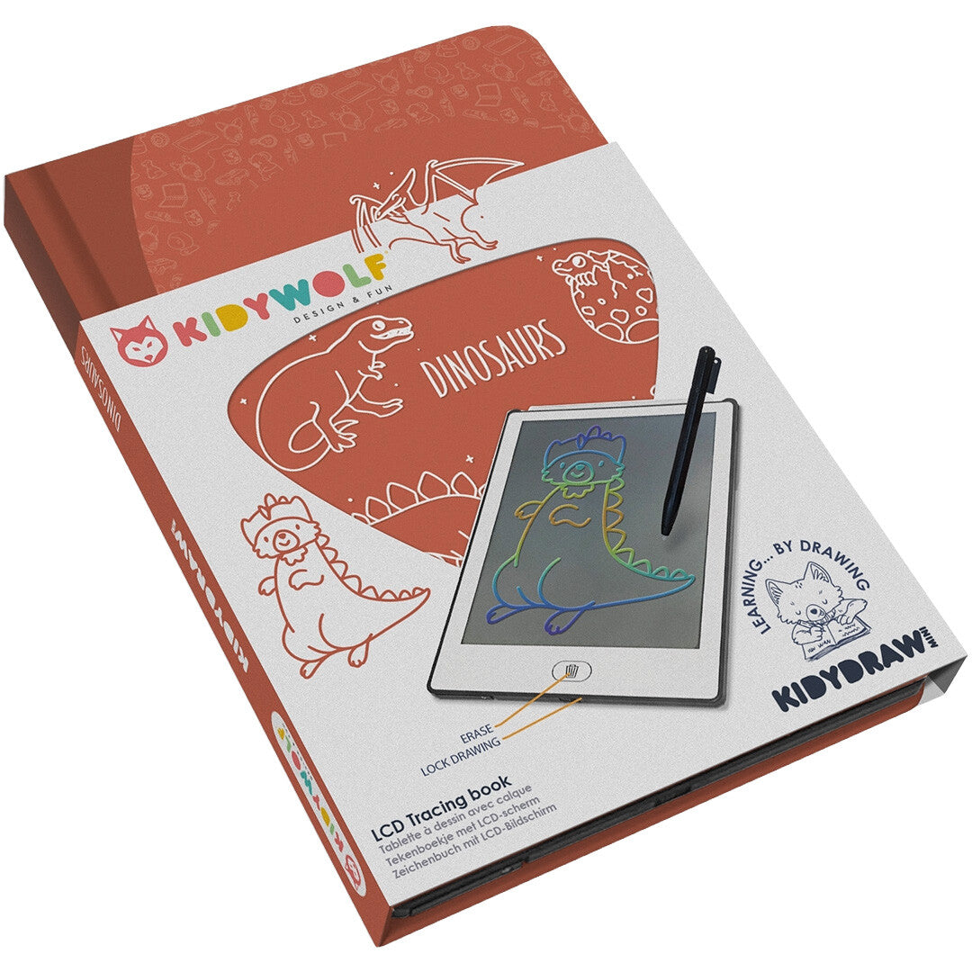 Kidywolf Kidydraw Mini tekenbord verpakking met dinosaurus thema.