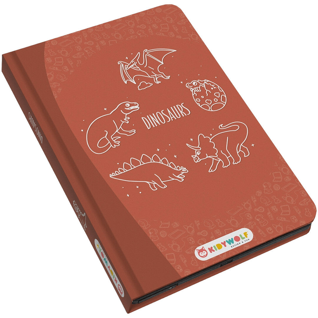 Kidywolf Kidydraw Mini tekenbord verpakking met diverse dinosaurus illustraties.