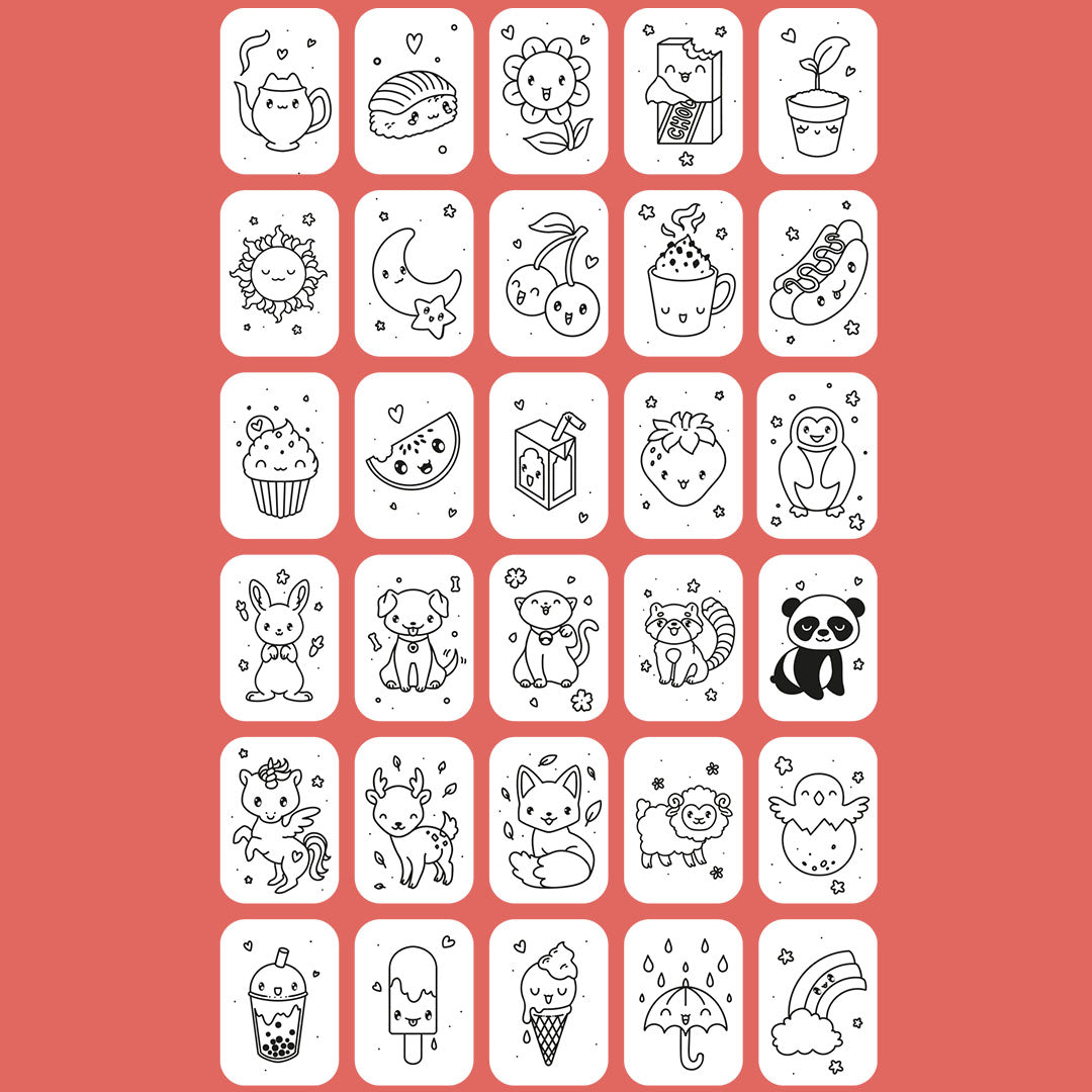 Een overzicht van 30 verschillende Kawai tekenfiguren op de tracing kaarten.