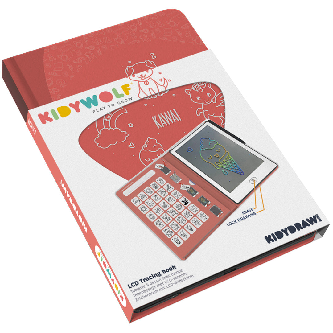Verpakking van het Kidywolf KidyDraw Mini tekenbord met Kawai thema.