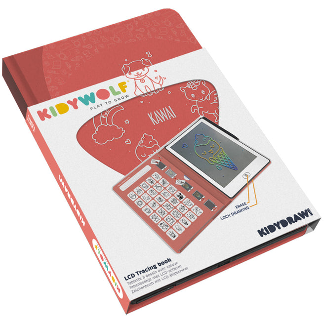 Verpakking van het Kidywolf KidyDraw Mini tekenbord met Kawai thema.