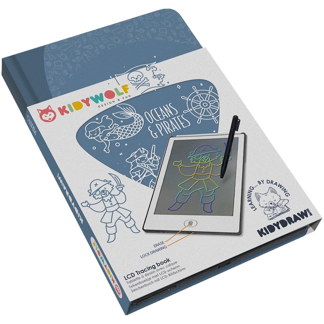 Verpakking van het Kidywolf KidyDraw Mini tekenbord met piratenthema.